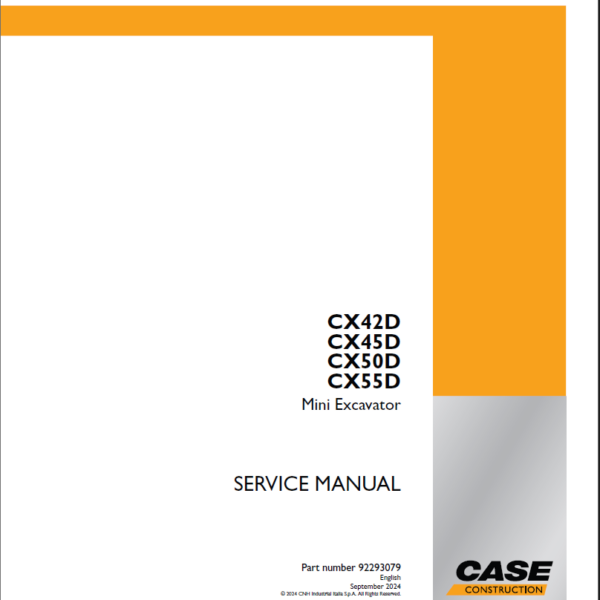 Case CX42D, CX45D, CX50D, CX55D Mini Excavator Service Manual (92293080) (September 2024)