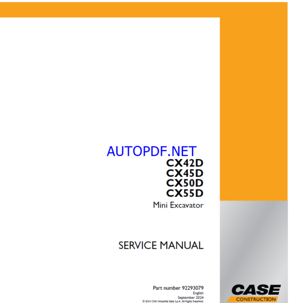 Case CX42D, CX45D, CX50D, CX55D Mini Excavator Service Manual (92293079) (September 2024)
