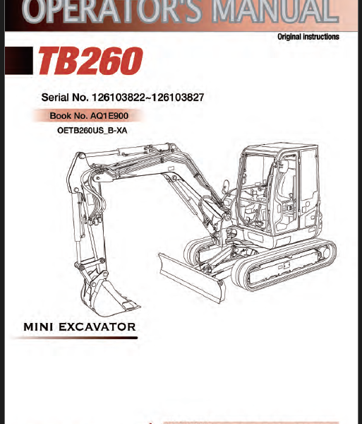 Takeuchi TB260 Mini Excavator Operators Manual (AQ1E900)