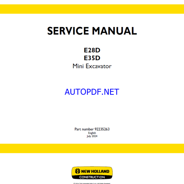New Holland E28D, E35D Mini Excavator Service Manual (92235263) (July 2024)