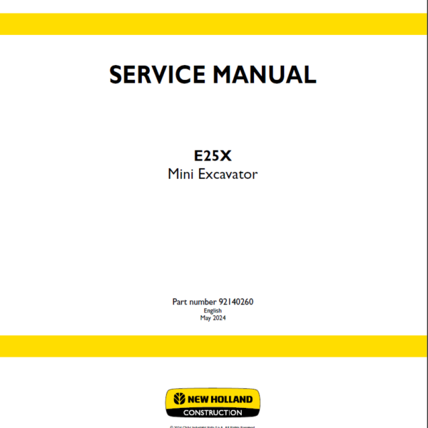 New Holland E25X Mini Excavator Service Manual (92140260) (May 2024)