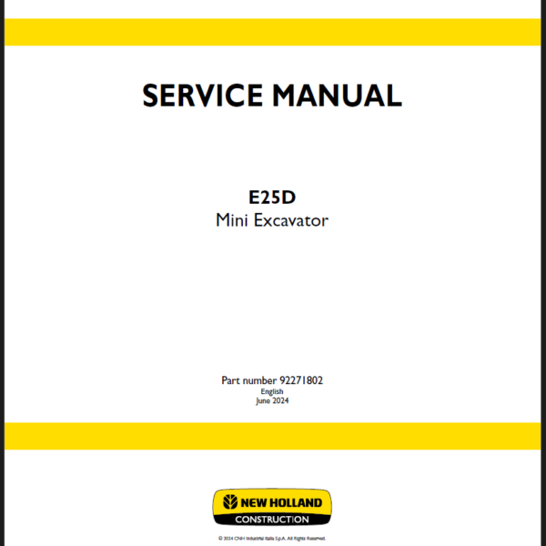 New Holland E25D Mini Excavator Service Manual (92271802) (June 2024)