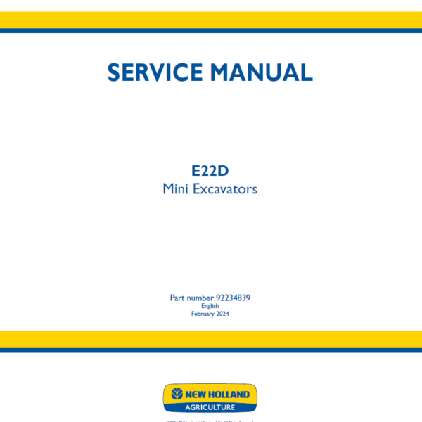New Holland E22D Mini Excavators Service Manual (92234839) (February 2024)