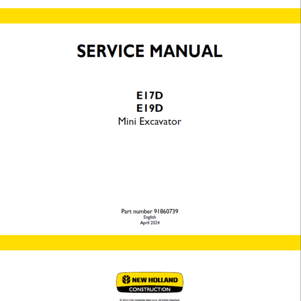 New Holland E17D, E19D Mini Excavator Service Manual (91860739) (April 2024)