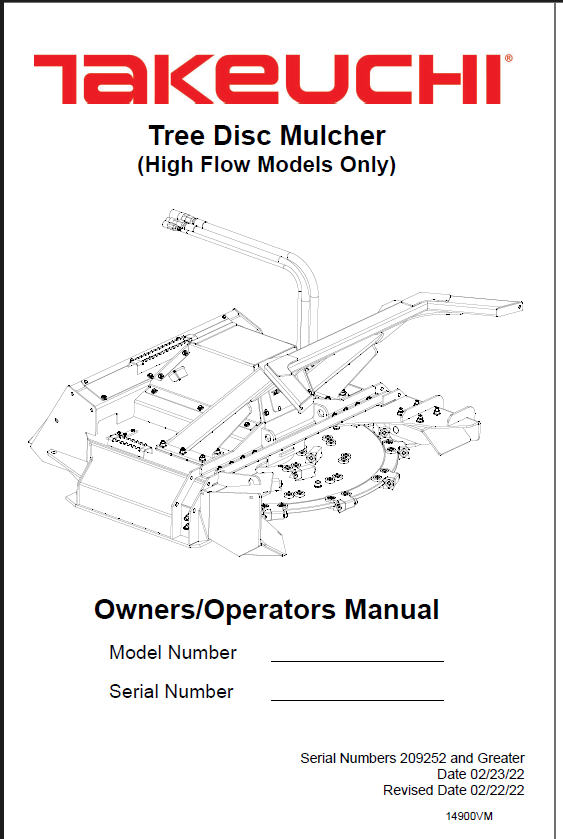 Takeuchi Tree Disc Mulcher - High Flow Models Only Owners and Operators Manual