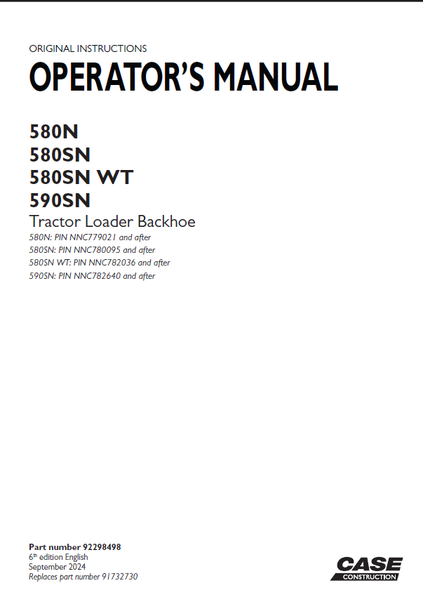 Case 580N, 580SN, 580SN WT, 590SN Tractor Loader Backhoe Operators Manual (92298498) (September 2024)
