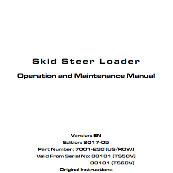 Takeuchi TS50V, TS60V Skid Steer Loader Operation and Maintenance Manual (7001-230)
