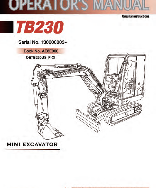 Takeuchi TB230 Mini Excavator Operators Manual (AE8E908)