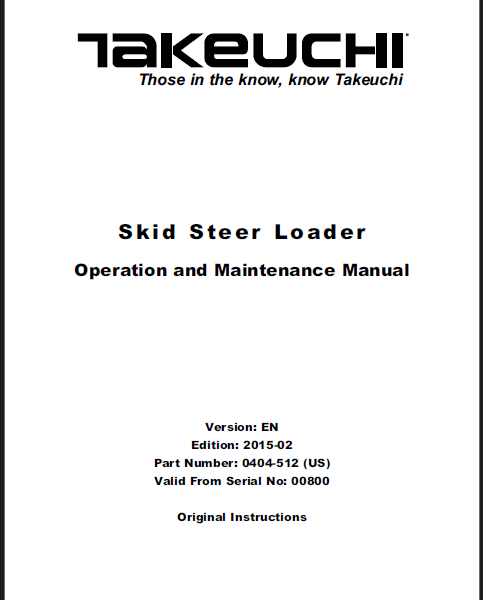 Takeuchi TS80V2 Skid Steer Loader Operation and Maintenance Manual (0404-512)