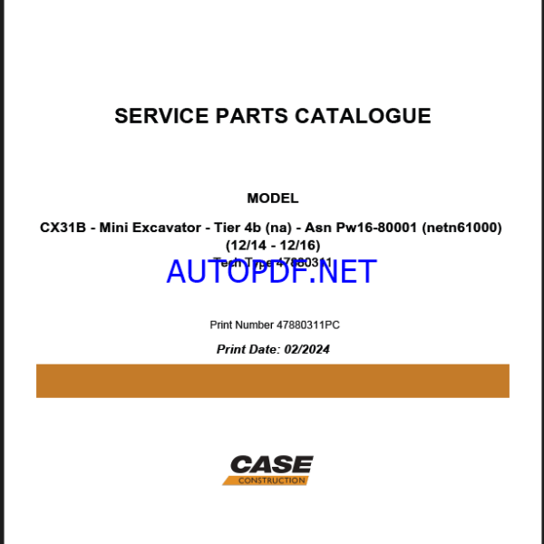 Case CX31B Tier 4B NA Mini Excavator Service Parts Catalogue (47880311PC) (February 2024)