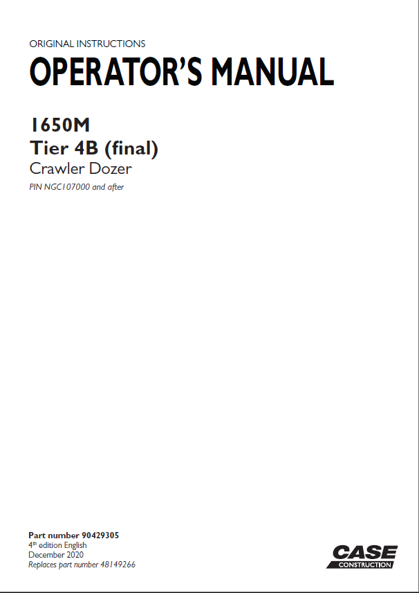 Case 1650M Tier 4 Final Crawler Dozer Operators Manual (90429305) (December 2020)