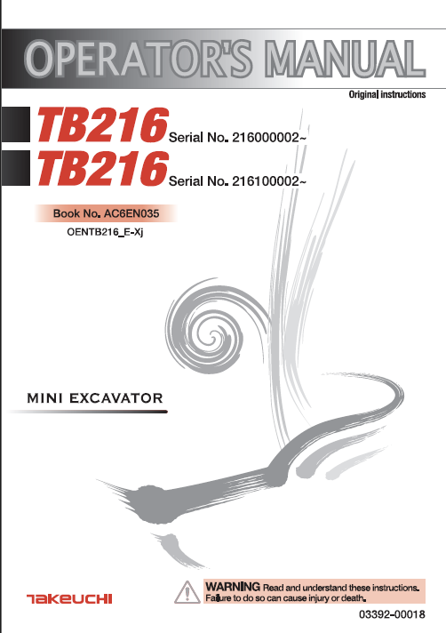 Takeuchi TB216 Mini Excavator Operators Manual (AC6EN035)