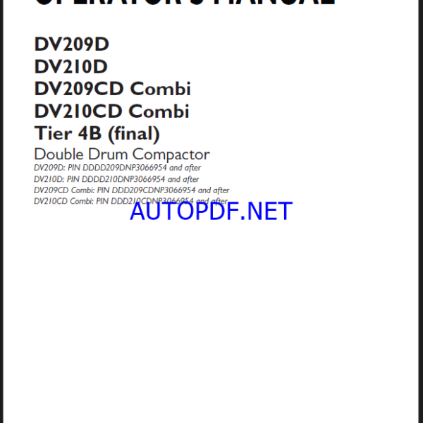 Case DV209D, DV210D, DV209CD Combi, DV210CD Combi Tier 4B Final Double Drum Compactor Operators Manual (92116164) (October 2023)