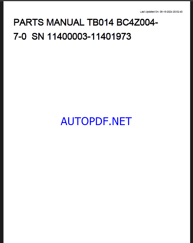 Takeuchi TB014 Mini Excavator Parts Manual (BC4Z004-7-0)
