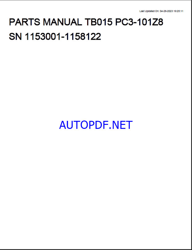 Takeuchi TB015 Mini Excavator Parts Manual (PC3-101Z8)