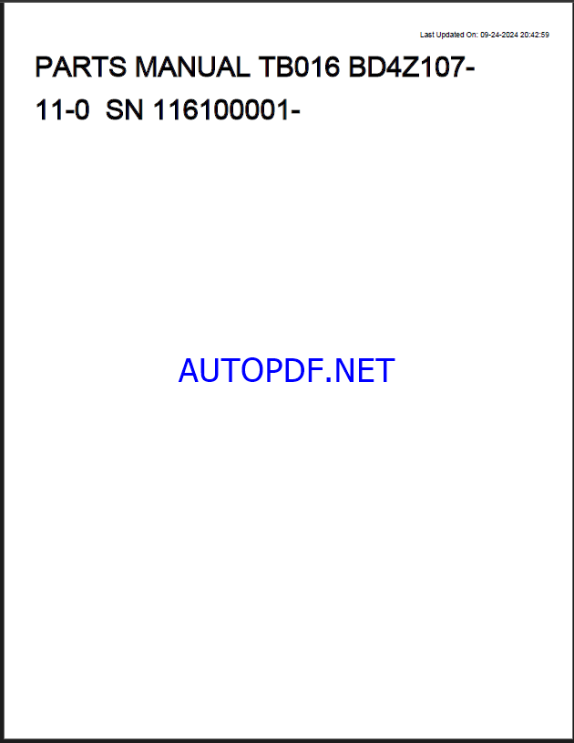 Takeuchi TB016 Mini Excavator Parts Manual (BD4Z107-11-0)