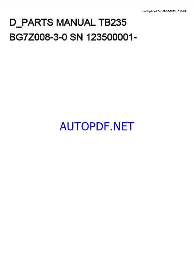 Takeuchi TB235 Mini Excavator Parts Manual (BG7Z008-3-0)