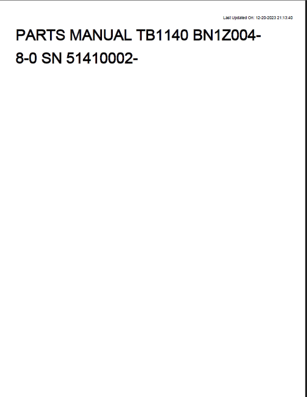 Takeuchi TB1140 Hydraulic Excavator Parts Manual (BN1Z004-8-0)