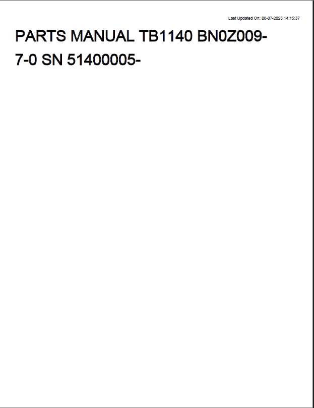 Takeuchi TB1140 Hydraulic Excavator Parts Manual (BN0Z009-7-0)