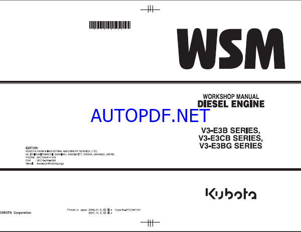 Kubota V3-E3B V3-E3CB V3-E3BG Diesel Engine Workshop Manual