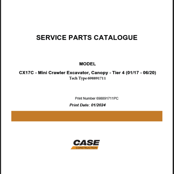 Case CX17C Tier 4 Mini Crawler Excavator Service Parts Catalogue (698891711PC) (January 2024)