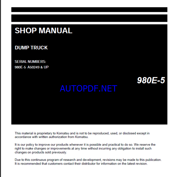 Komatsu 980E-5 Rigid Dump Truck Shop Manual (CEBM040401) (SN A50249-UP)