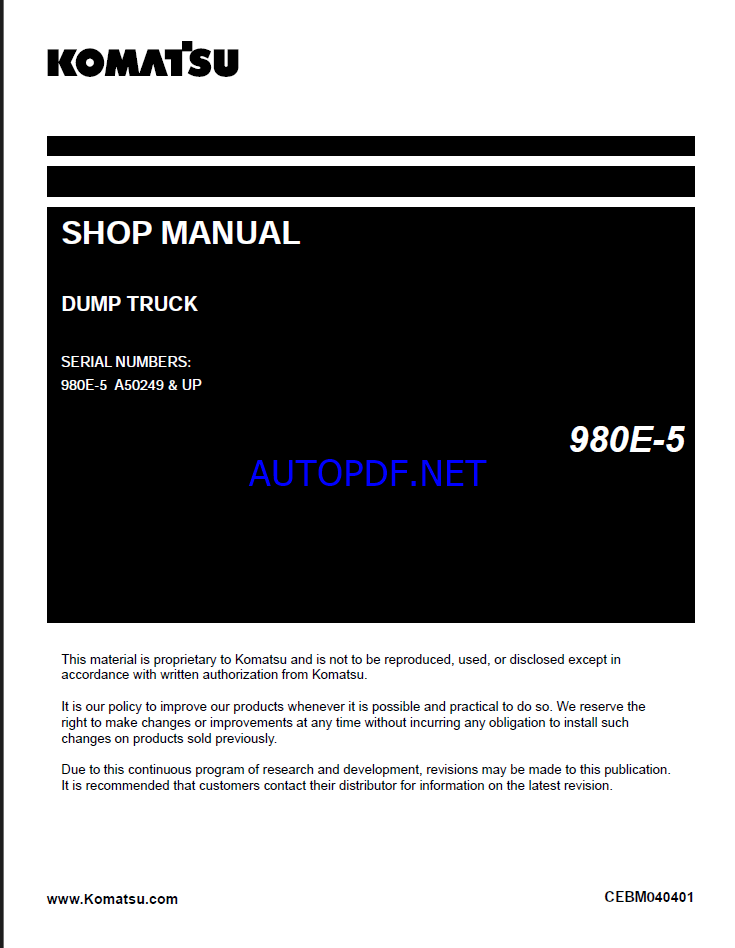 Komatsu 980E-5 Rigid Dump Truck Shop Manual (CEBM040401) (SN A50249-UP)