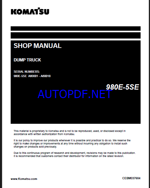 Komatsu 980E-5SE Rigid Dump Truck Shop Manual (CEBM037604) (SN A60001-A60018)