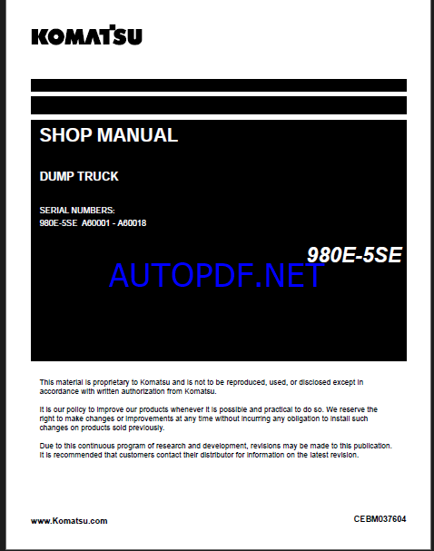 Komatsu 980E-5SE Rigid Dump Truck Shop Manual (CEBM037604) (SN A60001-A60018)