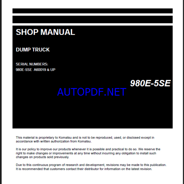 Komatsu 980E-5SE Rigid Dump Truck Shop Manual (CEBM041102) (SN A60019-A60044)Komatsu 980E-5SE Rigid Dump Truck Shop Manual (CEBM041102) (SN A60019-A60044)