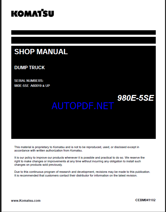 Komatsu 980E-5SE Rigid Dump Truck Shop Manual (CEBM041102) (SN A60019-A60044)Komatsu 980E-5SE Rigid Dump Truck Shop Manual (CEBM041102) (SN A60019-A60044)