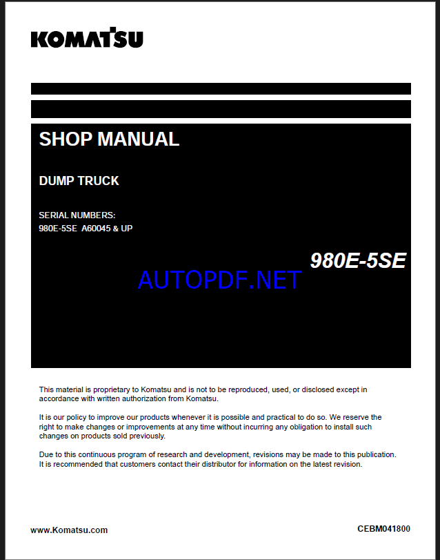 Komatsu 980E-5SE Rigid Dump Truck Shop Manual (CEBM041800) (SN A60045-UP)