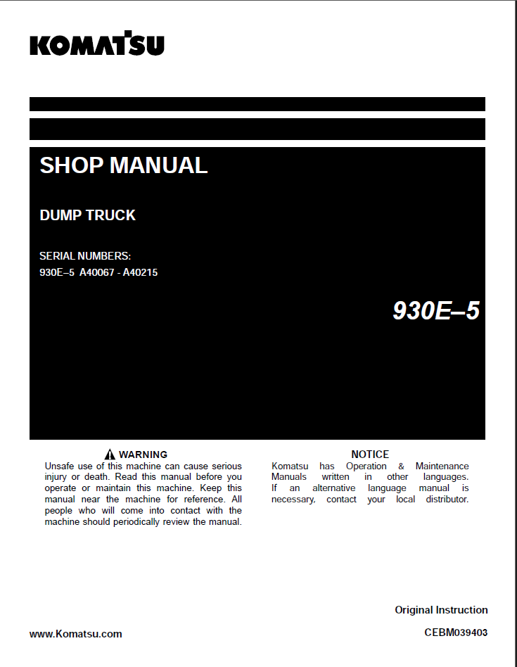 Komatsu 930E-5 Rigid Dump Truck Shop Manual (CEBM039403) (SN A40067-A40215)