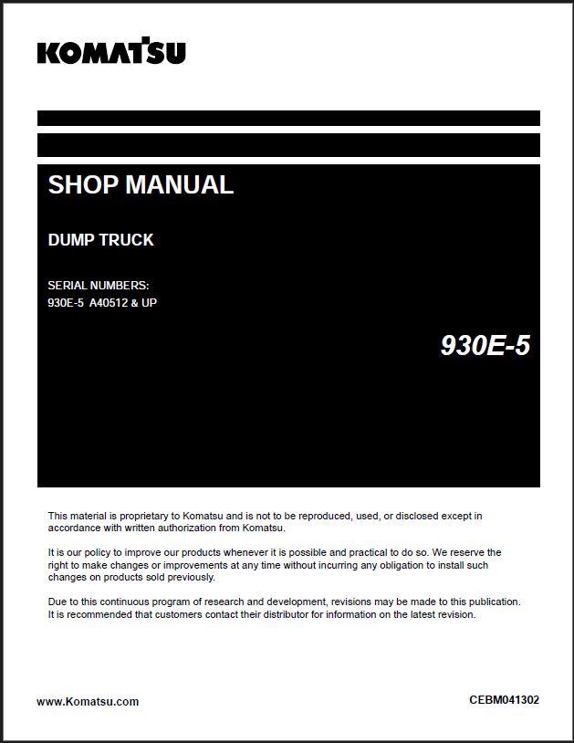 Komatsu 930E-5 Rigid Dump Truck Shop Manual (CEBM041302) (SN A40512-UP)