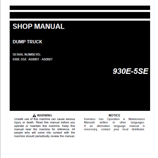 Komatsu 930E-5SE Rigid Dump Truck Shop Manual (CEBM035303) (SN A50001-A50007)