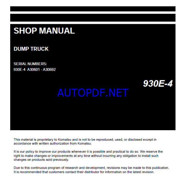 Komatsu 930E-4 Rigid Dump Truck Shop Manual (CEBM020207) (SN A30601-A30692)