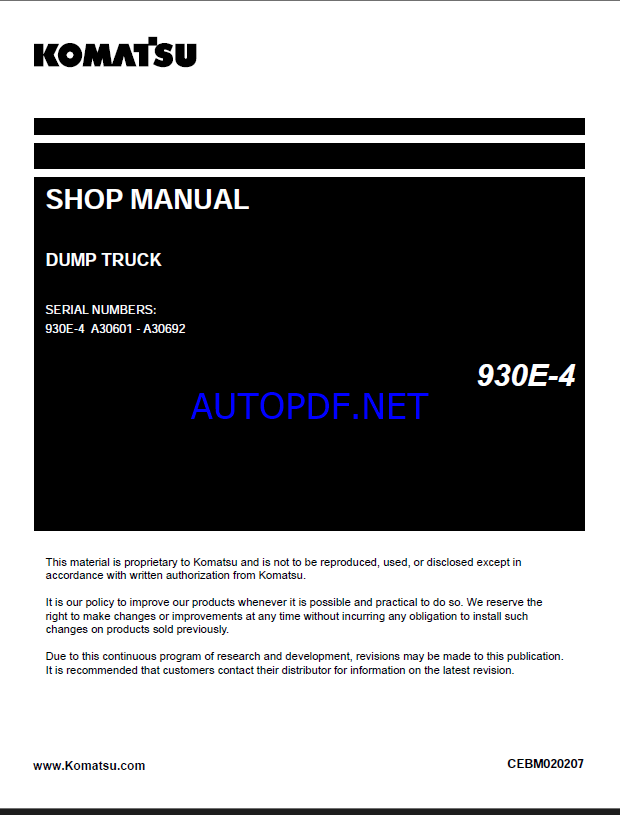 Komatsu 930E-4 Rigid Dump Truck Shop Manual (CEBM020207) (SN A30601-A30692)