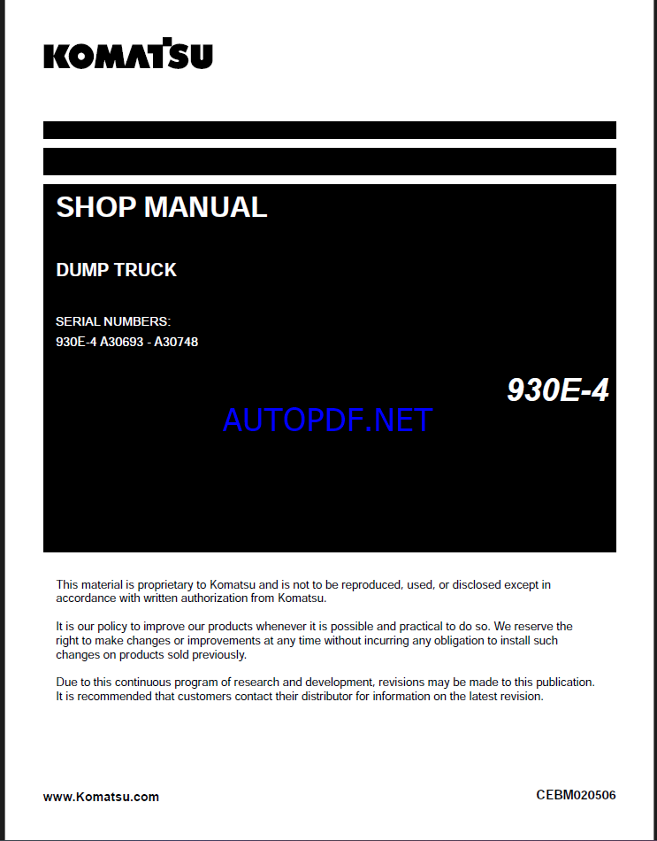 Komatsu 930E-4 Rigid Dump Truck Shop Manual (CEBM020506) (SN A30693-A30748)