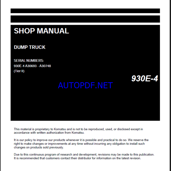 Komatsu 930E-4 Rigid Dump Truck Shop Manual (CEBM020606) (SN A30693-A30748)
