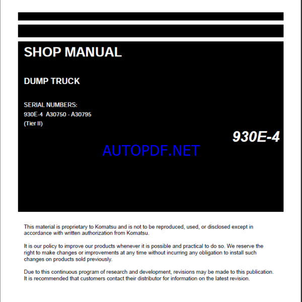 Komatsu 930E-4 Rigid Dump Truck Shop Manual (CEBM021805) (SN A30750-A30795)