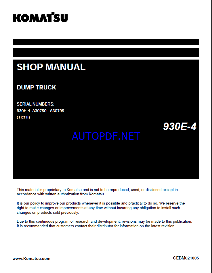 Komatsu 930E-4 Rigid Dump Truck Shop Manual (CEBM021805) (SN A30750-A30795)