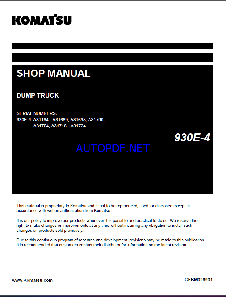 Komatsu 930E-4 Rigid Dump Truck Shop Manual (CEBM026904)