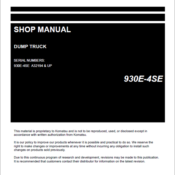 Komatsu 930E-4SE Rigid Dump Truck Shop Manual (CEBM039002) (SN A32194-UP)