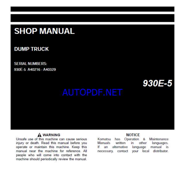 Komatsu 930E-5 Rigid Dump Truck Shop Manual (CEBM036507) (SN A40216-A40329)