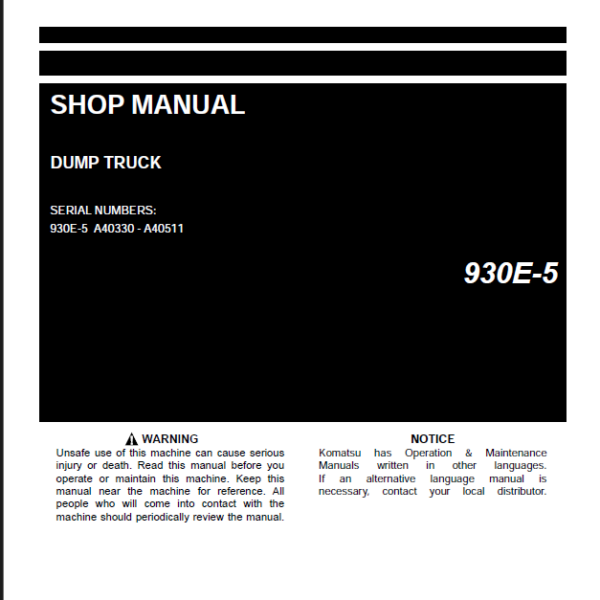 Komatsu 930E-5 Rigid Dump Truck Shop Manual (CEBM038104) (SN A40330-A40511)