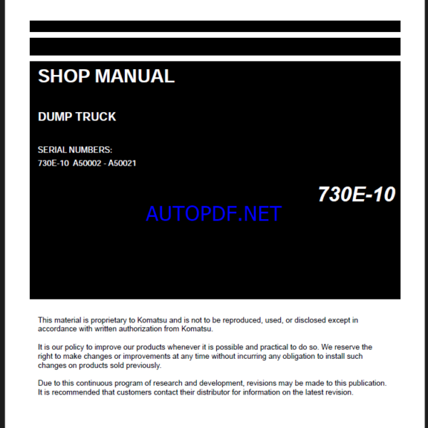 Komatsu 730E-10 Rigid Dump Truck Shop Manual (CEBM033410) (SN A50002-A50021)