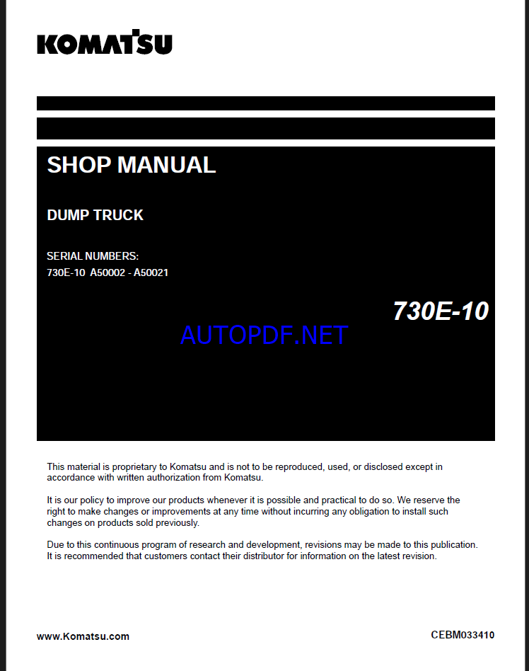 Komatsu 730E-10 Rigid Dump Truck Shop Manual (CEBM033410) (SN A50002-A50021)