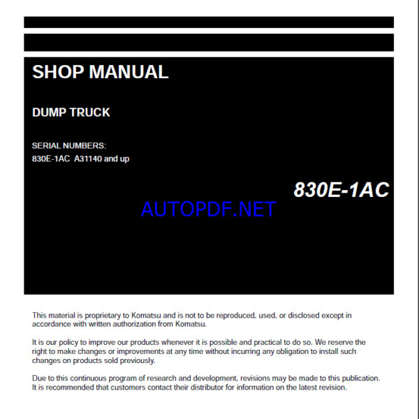 Komatsu 830E-1AC Rigid Dump Truck Shop Manual (CEBM037703) (SN A41140-UP)