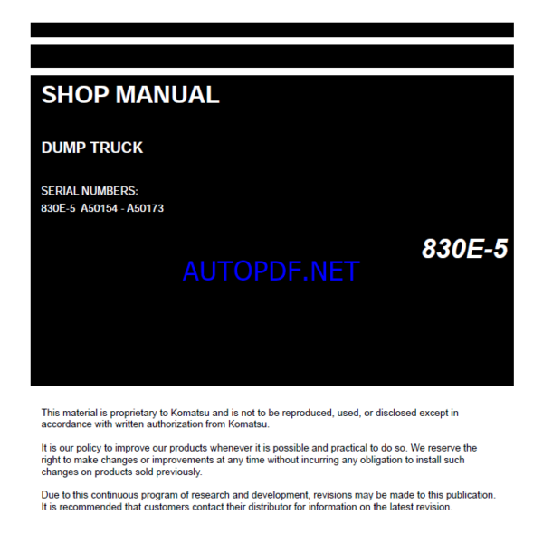 Komatsu 830E-5 Rigid Dump Truck Shop Manual (CEBM035507) (SN A50154-A50173)