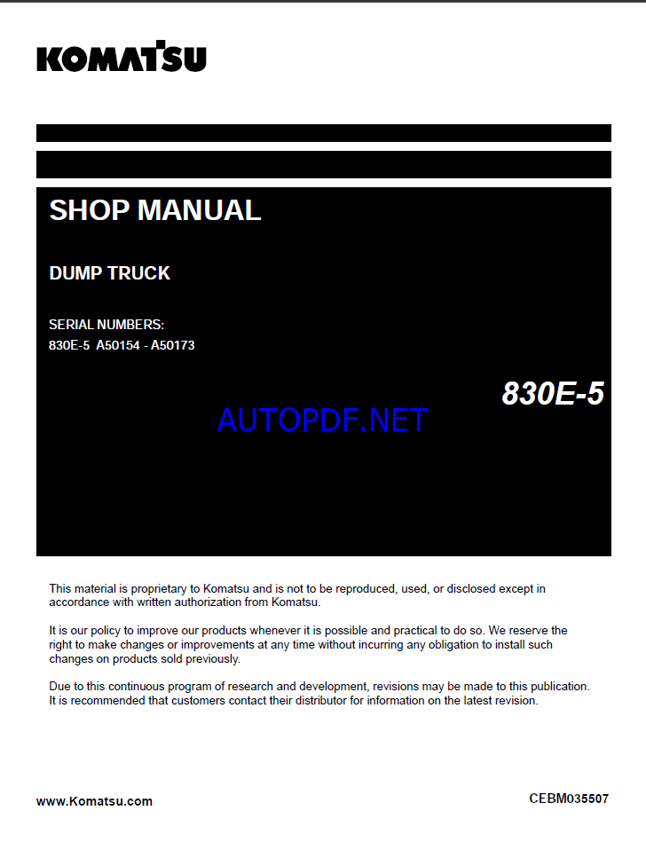 Komatsu 830E-5 Rigid Dump Truck Shop Manual (CEBM035507) (SN A50154-A50173)